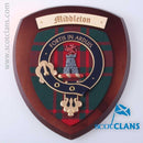 Handmade Middleton Clan Crest Plaque made in Glasgow, Scotland, featuring unique tartan designs and hardwood shield, perfect gift for clan members.