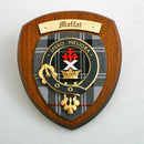 Moffat Clan Crest Plaque featuring a handmade hardwood shield and traditional tartan, crafted in Glasgow, Scotland.