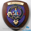 Montgomery Clan Crest Plaque showcasing Scottish heritage with handcrafted details in hardwood, featuring the unique clan tartan design.