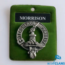 Morrison Clan Crest Badge in Pewter featuring a traditional locking safety pin design, perfect for showcasing Scottish heritage and pride at clan gatherings.