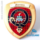 Morrison Clan Crest Plaque featuring hardwood shield and tartan detail, perfect for gifts or personal display.