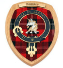 Detailed view of the Ramsay Clan Crest Plaque, handmade in Glasgow, highlighting its intricate design and craftsmanship.