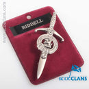 Clan Crest Pewter Kilt Pin featuring the Riddell Crest, beautifully crafted in Scotland with antique palladium finish, perfect for showcasing Scottish heritage.