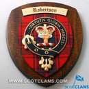 Handmade Robertson Clan Crest Plaque featuring a hardwood shield and tartan, perfect gift for Scottish heritage enthusiasts.