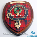 Close-up view of the Ross Clan Crest Plaque, highlighting the intricate details of the clan crest and the handcrafted tartan.