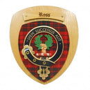 Ross Clan Crest Plaque handmade in Glasgow, Scotland, showcasing the unique hardwood shield and vibrant tartan design.