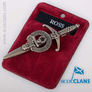 Clan Crest Pewter Kilt Pin featuring the Ross Crest, handcrafted in Scotland with an antique palladium finish, perfect for adding a touch of elegance to your kilt.