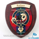 Ruthven Clan Crest Plaque showcasing the intricate handcrafted design, hardwood shield, and vibrant tartan, embodying Scottish heritage and authenticity, made in Glasgow.