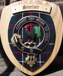 Close-up of the Sinclair Clan Crest Plaque, highlighting the intricate details and quality hardwood craftsmanship.