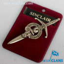 Clan Crest Pewter Kilt Pin featuring the Sinclair Crest, crafted in Scotland with an antique palladium finish, perfect for adding traditional flair to any kilt.