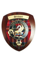 Stewart Clan Crest Plaque showcasing intricate craftsmanship and authentic clan tartan, a perfect representation of Scottish heritage.