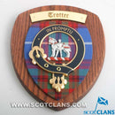 Trotter Clan Crest Plaque showcasing Scottish heritage with its unique tartan design on a hardwood shield, handcrafted in Glasgow, Scotland.