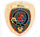 Wilson Clan Crest Plaque beautifully handcrafted in Glasgow, showcasing Scottish heritage with hardwood shield and unique tartan design.