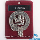Young Clan Crest Badge in Pewter, perfect for everyday wear and clan gatherings, featuring a traditional belted design and strong locking safety pin.