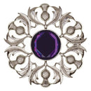 Scottish Thistle Plaid Brooch showcasing intricate design and vibrant stone centerpiece, a perfect accessory celebrating Scottish heritage.