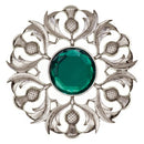 Scottish Thistle Plaid Brooch showcasing intricate pewter craftsmanship and a vibrant colored stone centerpiece.