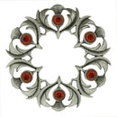 Antique Scottish Thistle Plaid Brooch featuring small stones, crafted from premium pewter with a detailed thistle and plaid design, perfect for adding a touch of Scottish heritage to any outfit.