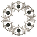 Scottish Thistle Plaid Brooch - Small Stones featuring intricate thistle design and vibrant colored stones on a white background.