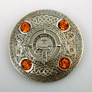 MacLean Clan Crest Pewter Plaid Brooch featuring Celtic design and colored stones, perfect for clan heritage display.