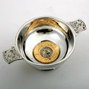 MacLean Clan Crest Quaich with Gold Trim, a traditional Scottish cup of friendship made from fine quality pewter, featuring a customizable clan crest and available in two sizes.