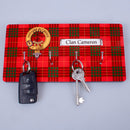 Clan Crest and Tartan Key Rack showcasing personalized heritage, featuring shiny chrome hooks and a sleek high gloss finish, perfect for organizing keys and adding style to home decor.