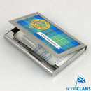 Johnstone Clan Crest and Tartan Business Card Case reflecting heritage with a sleek polished metal design.