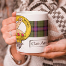 Amstrong Clan Crest and Tartan Mug featuring clan emblem, perfect for showing clan pride, 11 oz ceramic design, vibrant tartan pattern