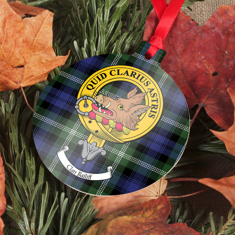 Bailiff  Clan Crest and Tartan Metal Christmas Ornament - 6 Styles Available