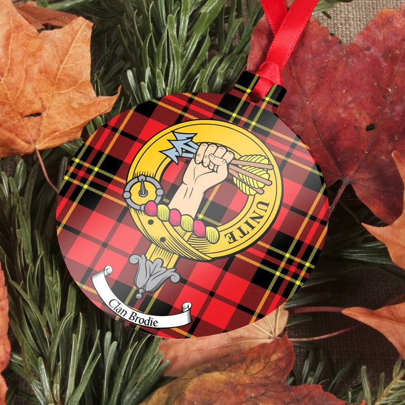 Brodie Clan Crest and Tartan Metal Christmas Ornament - 6 Styles Available