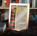 Buchanan Clan History Print showcasing clan crest and tartan on high-quality parchment paper, available framed or unframed, perfect as a gift for clan members.