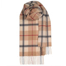 Fashionable Bowhill Standard Tartan Lambswool Scarf draped elegantly over a winter coat, perfect for cozy outings.