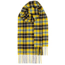 Bowhill Standard Tartan Lambswool Scarves displayed on a wooden table showcasing soft texture and vibrant colors.