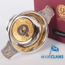 Crawford Clan Crest Quaich with Gold Trim - A traditional Scottish cup of friendship, crafted from quality Pewter featuring a gold plated insert around the clan crest.