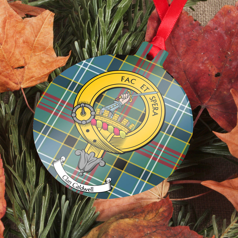 Caldwell Clan Crest and Tartan Metal Christmas Ornament - 6 Styles Available