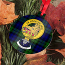 Campbell Clan Crest and Tartan Metal Christmas Ornament available in 6 styles, perfect for holiday decorations or gifts.