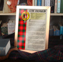 Chisholm Clan History Print showcasing the clan crest and tartan, available framed or unframed, perfect for gifting clan members.