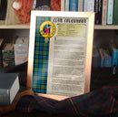 Colquhoun Clan History Print featuring crest and tartan, available framed or unframed, perfect gift for clan members.