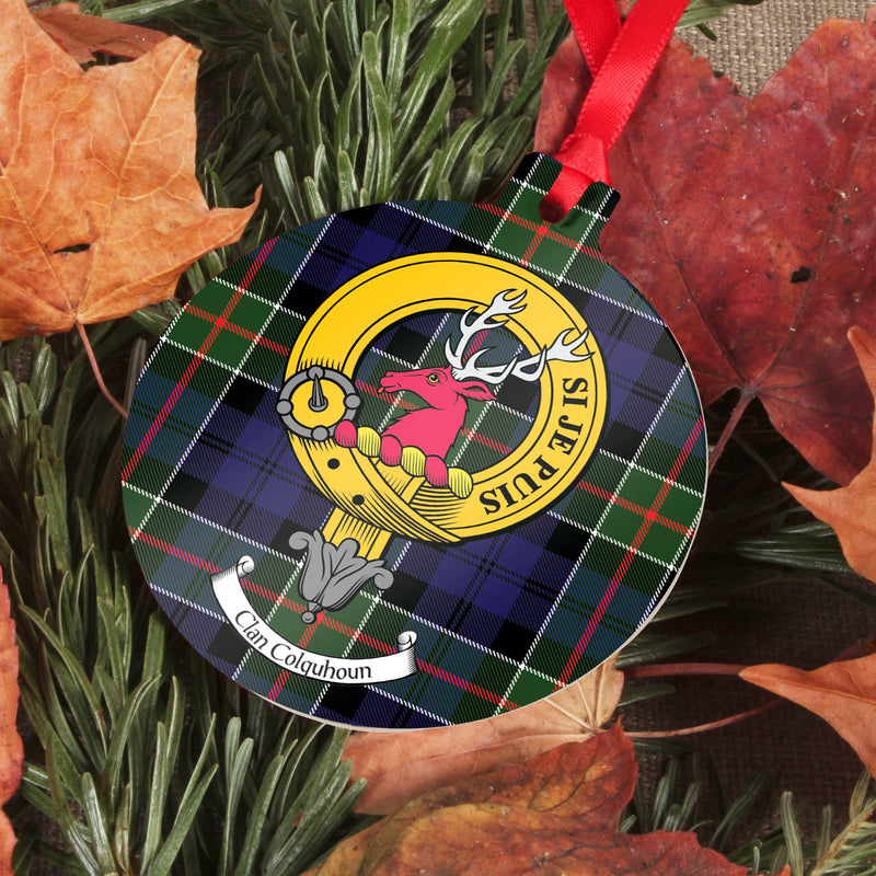 Colquhoun Clan Crest and Tartan Metal Christmas Ornament - 6 Styles Available