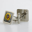 Craig Clan Crest Cufflinks displayed in a metallic finish presentation box, showcasing the beautiful resin doming technique for a brilliant look.