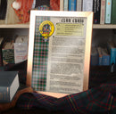 Craig Clan History Print showcasing crest and tartan, available framed or unframed, perfect for clan members.