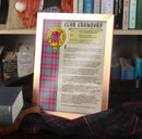 Crawford Clan History Print showcasing crest and tartan, available framed or unframed, high-quality parchment style paper, perfect gift for clan members.