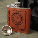 Crawford Clan Crest PU Leather Covered Hip Flask stylishly designed for personal use or gifting, featuring a high-quality stainless steel body and custom clan crest engraving.