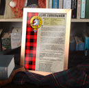 Cunningham Clan History Print showcasing the family crest and tartan, available framed or unframed, perfect gift for clan members.