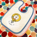 Dalziel Clan Crest Baby Bib featuring the traditional clan crest design, made from soft 100% polyester fabric and lined with absorbent cotton toweling, ideal for keeping your baby clean during mealtime.