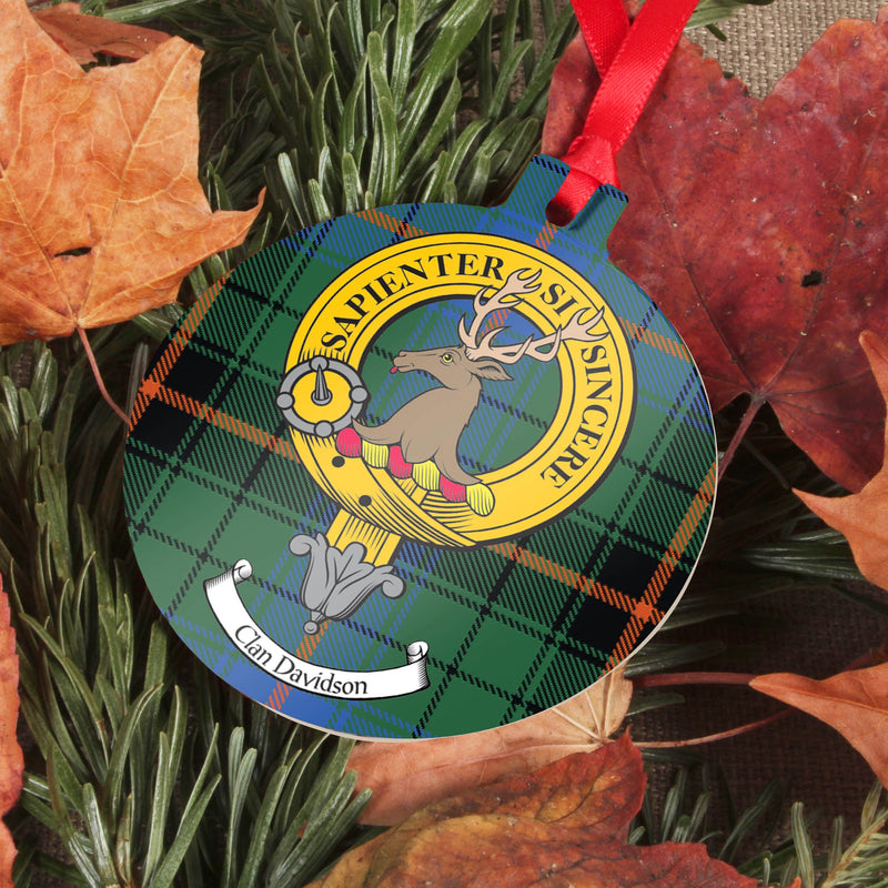 Davidson Clan Crest and Tartan Metal Christmas Ornament - 6 Styles Available