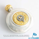Durie Clan Crest Pewter Sporran Flask showcasing a gold-plated thistle design, ideal for carrying favorite beverages while honoring Scottish heritage.