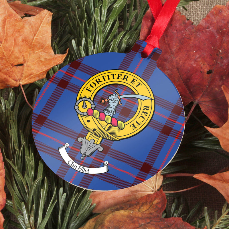 Elliot Clan Crest and Tartan Metal Christmas Ornament - 6 Styles Available