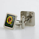 Farquharson Clan Crest Cufflinks beautifully displayed in a metallic finish presentation box, showcasing their intricate design and resin doming technique.