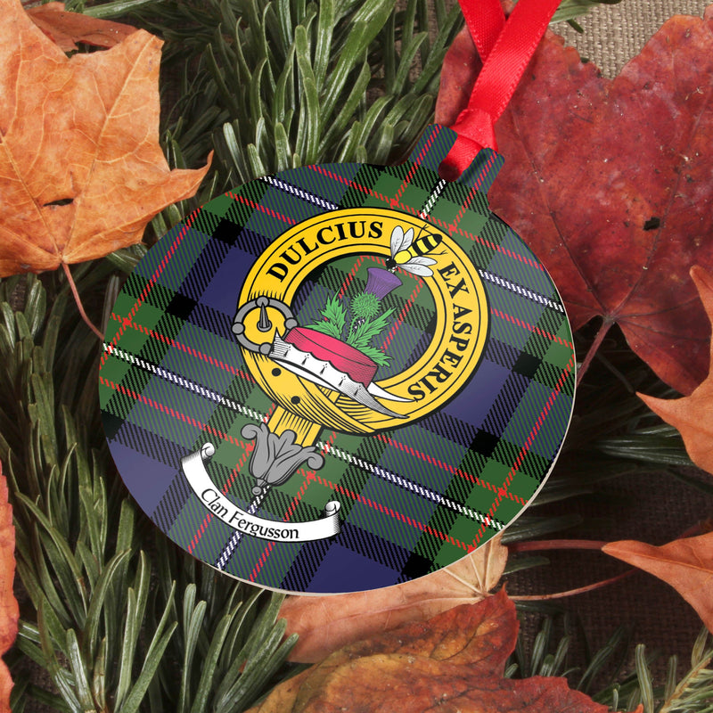 Fergusson Clan Crest and Tartan Metal Christmas Ornament - 6 Styles Available