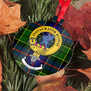 Forsyth Clan Crest and Tartan Metal Christmas Ornament showcasing custom design, perfect for holiday decor. Available in 6 styles from ScotClans.